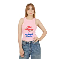 Image 4 of Women’s Racer Tank — “I like lollipops, Not Dumb-Dumbs” Retro Graphic Crop