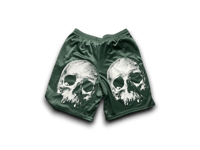 Image 2 of Champion Skull Upcycled Reworked custom Screen Print green gym shorts 