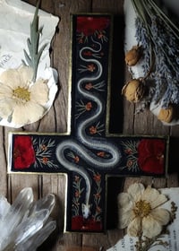 Image 1 of Snake Skeleton and Red Floral Wall Cross
