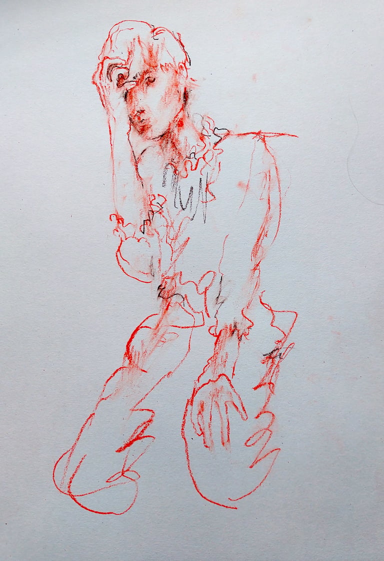 Kneeling, Garnet Red (Self-Portrait May 2026)