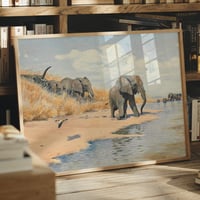 Image 1 of “Elephants on the Riverbank” Wildlife Landscape Print