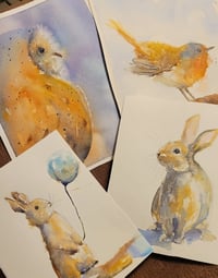 Aquarelles chouette, rouge-gorge, deux lapins