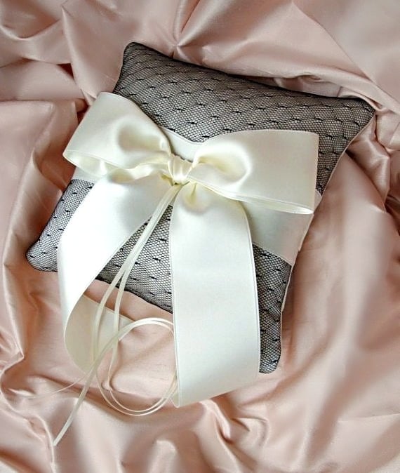 Image of Ivory Silk Dupioni Black Esprit Net Ring Bearer Pillow