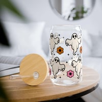 Image 1 of Pink Ghost Glass Can Cup | Retro Flowers, Sparkles, Bamboo Lid (16 oz)