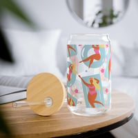 Image 1 of Retro Beach Girl Glass Can Cup | Vintage Summer Iced Coffee Drinkware (16 oz)