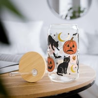 Image 1 of Black Cat Halloween Glass Can Cup | Vintage Pumpkins, Bats, Moons (16 oz)