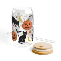 Image 2 of Black Cat Halloween Glass Can Cup | Vintage Pumpkins, Bats, Moons (16 oz)