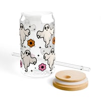 Image 2 of Pink Ghost Glass Can Cup | Retro Flowers, Sparkles, Bamboo Lid (16 oz)
