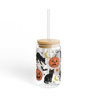 Image 3 of Black Cat Halloween Glass Can Cup | Vintage Pumpkins, Bats, Moons (16 oz)