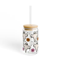 Image 3 of Pink Ghost Glass Can Cup | Retro Flowers, Sparkles, Bamboo Lid (16 oz)