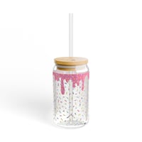 Image 3 of Pink Sprinkle Glass Can Cup with Bamboo Lid &amp; Straw | Retro Summer Drinkware