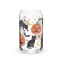 Image 4 of Black Cat Halloween Glass Can Cup | Vintage Pumpkins, Bats, Moons (16 oz)