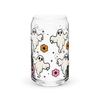 Image 4 of Pink Ghost Glass Can Cup | Retro Flowers, Sparkles, Bamboo Lid (16 oz)