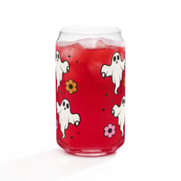Image 5 of Pink Ghost Glass Can Cup | Retro Flowers, Sparkles, Bamboo Lid (16 oz)