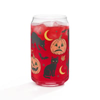Image 5 of Black Cat Halloween Glass Can Cup | Vintage Pumpkins, Bats, Moons (16 oz)