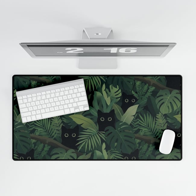 Black Cats in Jungle Leaves Desk Mat | Oversized Gaming Mouse Pad, Cozy Desk, Whimsical Green Foliag