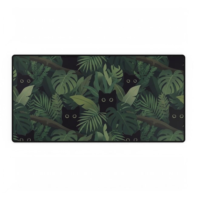 Black Cats in Jungle Leaves Desk Mat | Oversized Gaming Mouse Pad, Cozy Desk, Whimsical Green Foliag