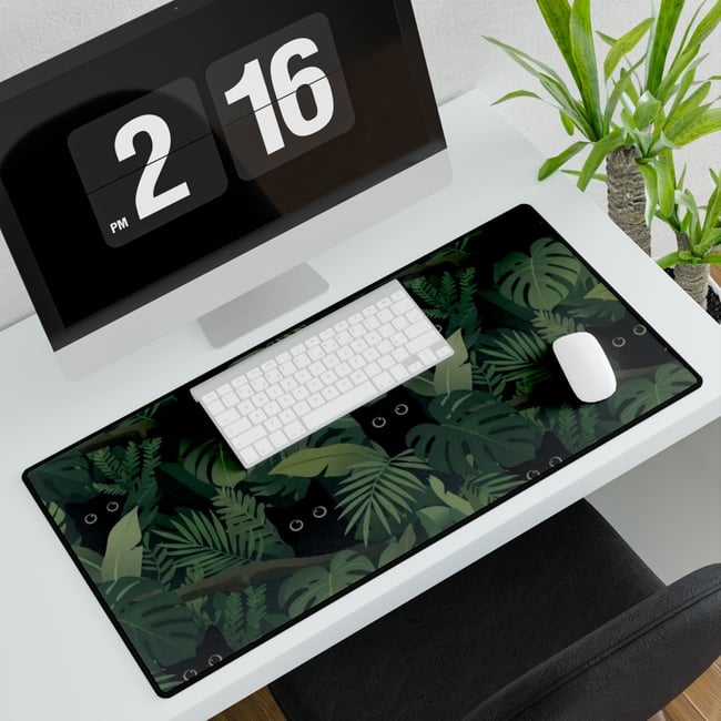 Black Cats in Jungle Leaves Desk Mat | Oversized Gaming Mouse Pad, Cozy Desk, Whimsical Green Foliag