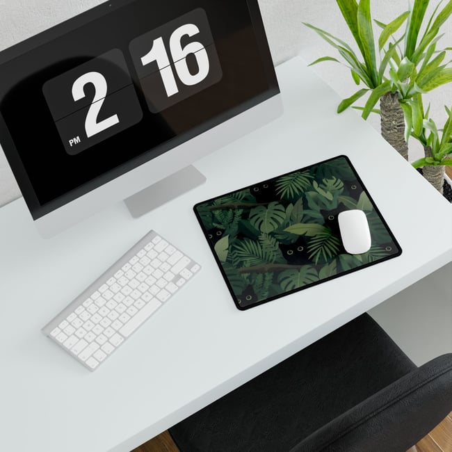 Black Cats in Jungle Leaves Desk Mat | Oversized Gaming Mouse Pad, Cozy Desk, Whimsical Green Foliag