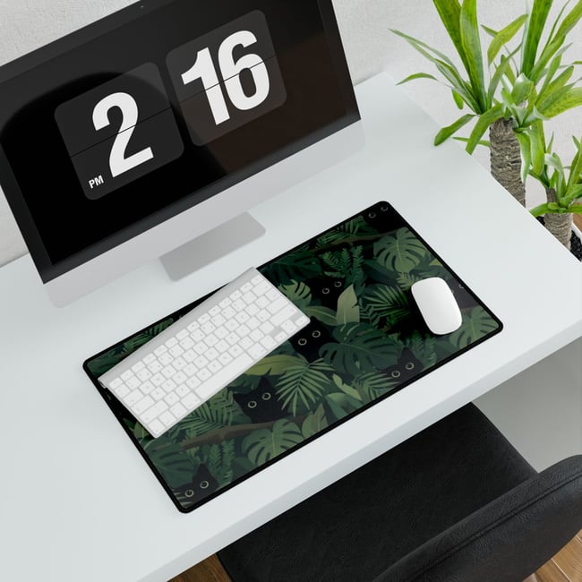Black Cats in Jungle Leaves Desk Mat | Oversized Gaming Mouse Pad, Cozy Desk, Whimsical Green Foliag