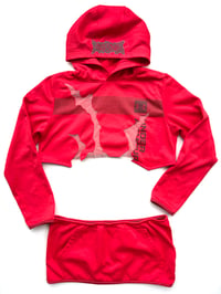 Image 1 of TERROR VISION - Upcycled Under Armour hoodie + micro skirt set ( red + reflective embroidery patch )
