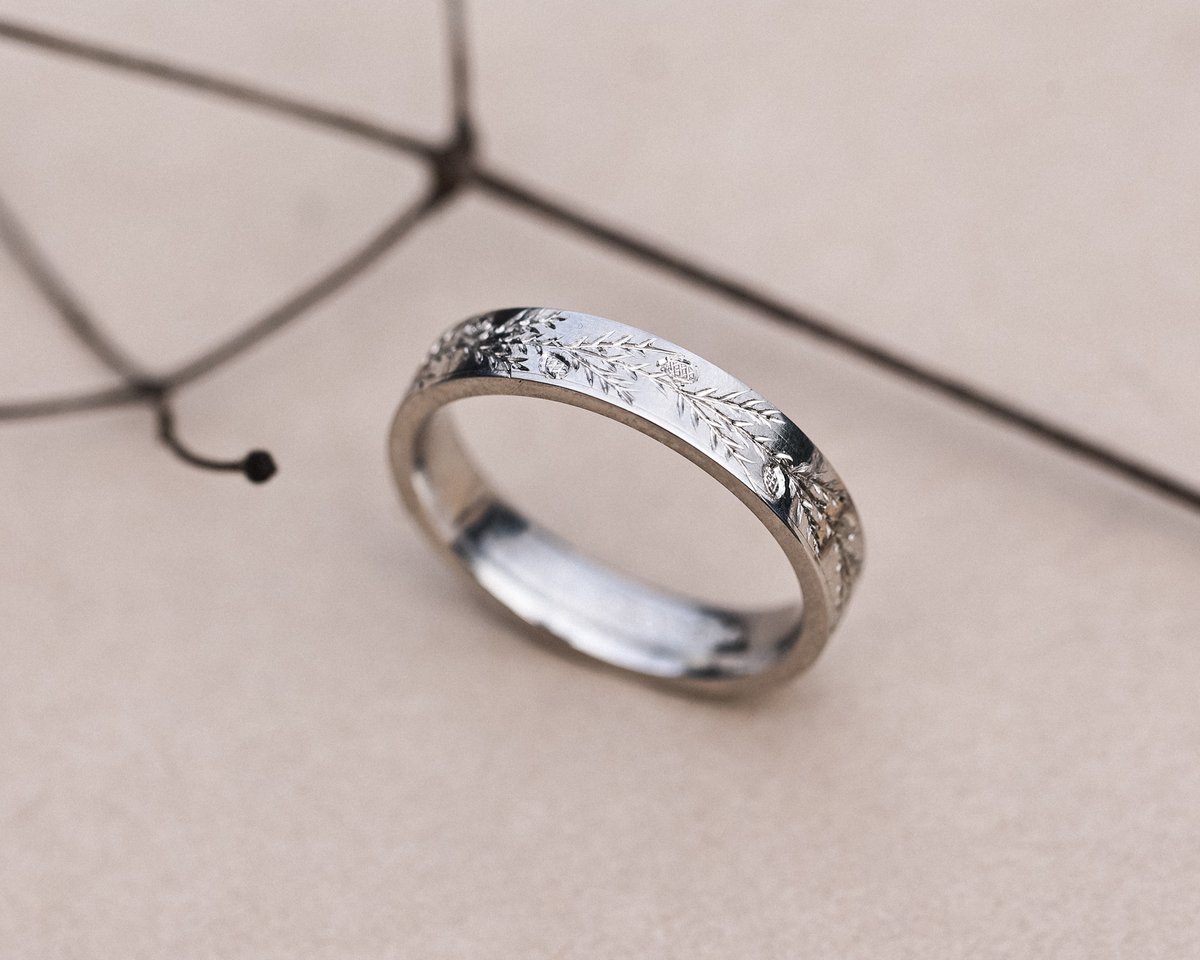 Image of Platinum 4mm Fir engraved flat court ring