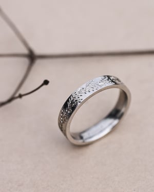 Image of Platinum 4mm Fir engraved flat court ring
