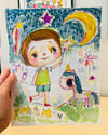 Magic Moon Unicorn and girl - original 8x10