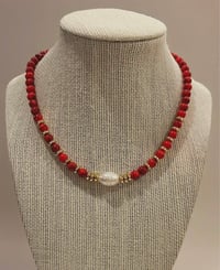 Image 1 of Red Stone And Freshwater Pearl Necklace