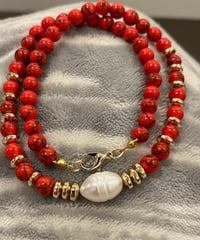 Image 2 of Red Stone And Freshwater Pearl Necklace