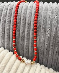 Image 3 of Red Stone And Freshwater Pearl Necklace