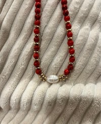 Image 4 of Red Stone And Freshwater Pearl Necklace