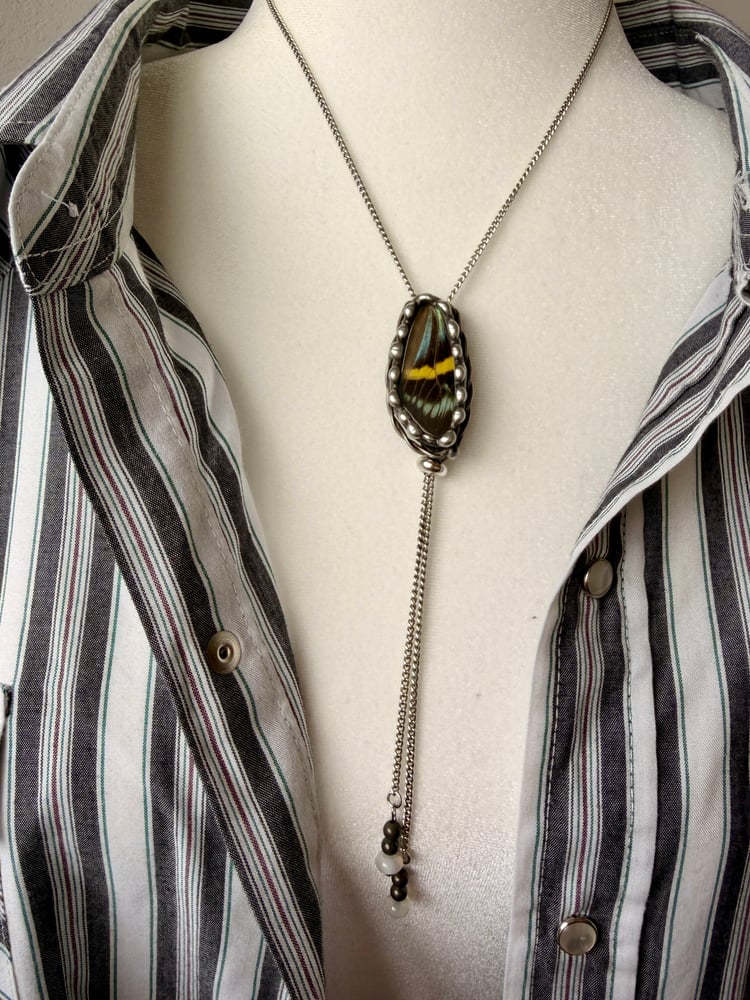 Image of Butterfly Wing Lariat Necklace — Moonstone & Pyrite Tips