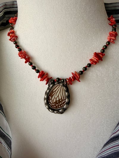 Image of Butterfly Wing Stained Glass Pendant — Silk Knotted Spiny Oyster & Pyrite Strand
