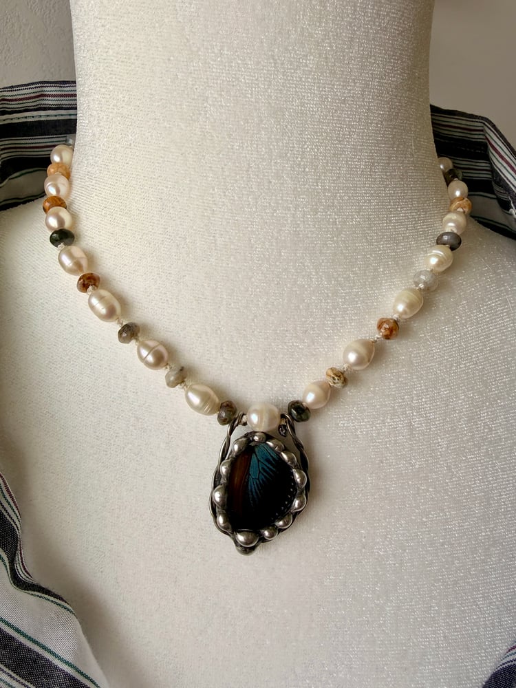 Image of  Butterfly Wing Stained Glass Pendant — Freshwater Pearl & Idaho Rainbow Agate Strand