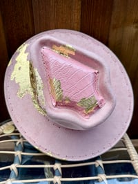 Image 1 of “Pink Kattillac” Arrow Shaped, Vegan Alligator and Gold Leaf Fedora