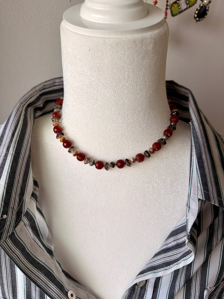 Image of Carnelian, Idaho Rainbow Agate & Czech Glass Silk Knotted Necklace