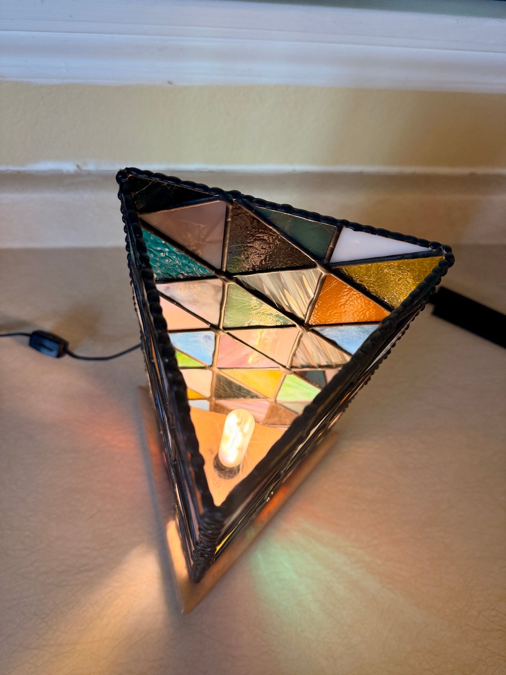 Image of Stained Glass Triangle Lamp — Vintage Glass on Wood Base