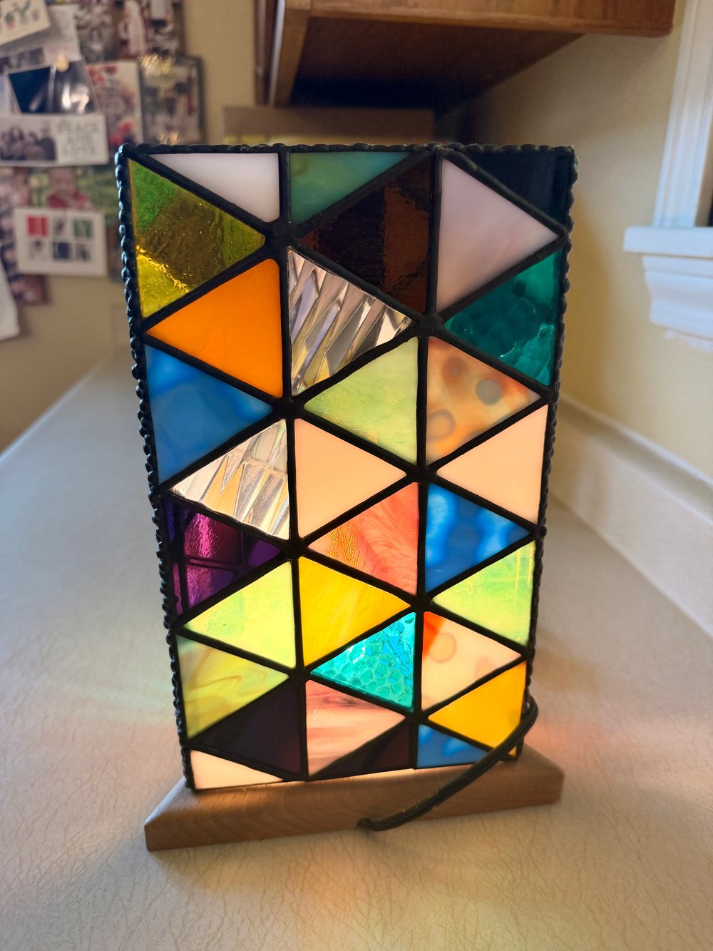 Image of Stained Glass Triangle Lamp — Vintage Glass on Wood Base