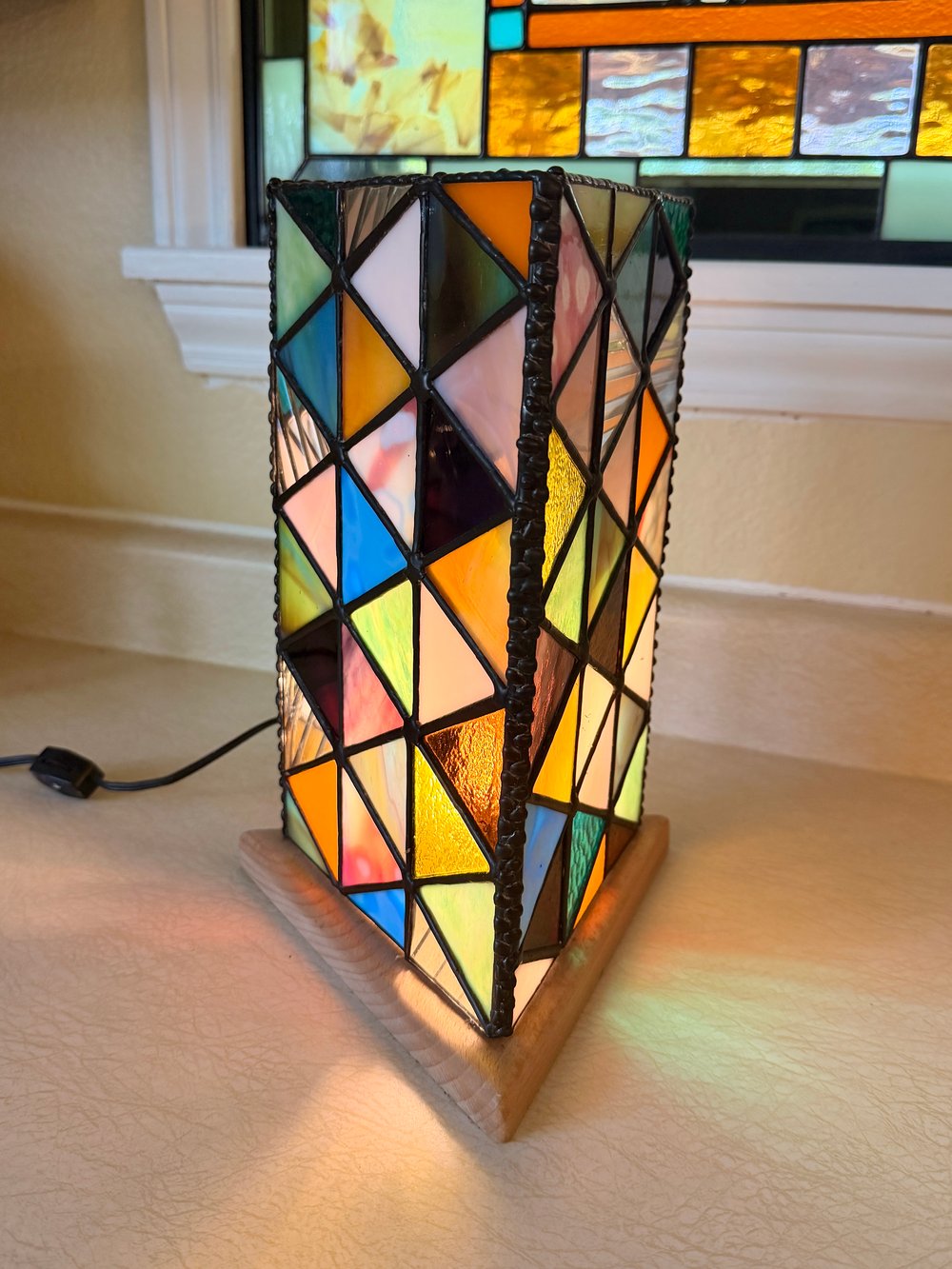 Image of Stained Glass Triangle Lamp — Vintage Glass on Wood Base