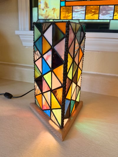 Image of Stained Glass Triangle Lamp — Vintage Glass on Wood Base