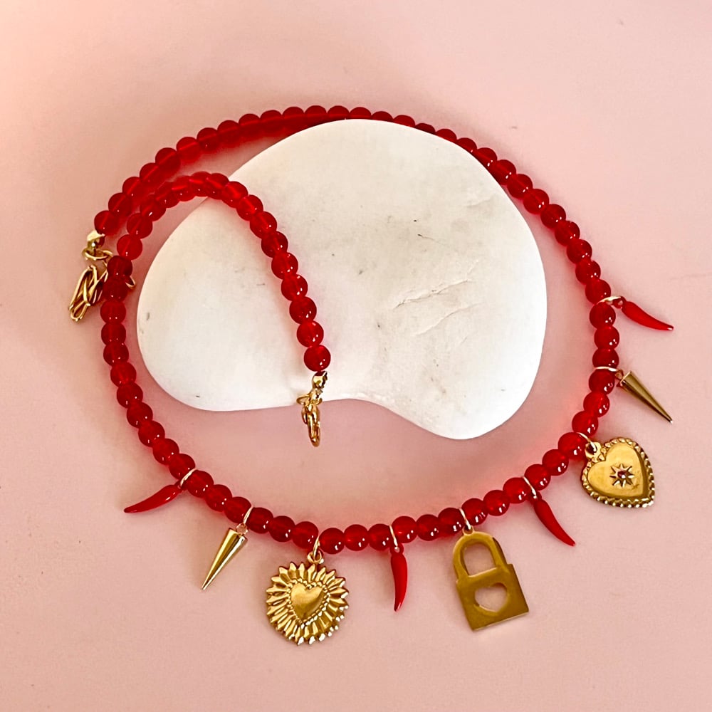 Image of Red Beaded Necklace with Gold charms and Chillis