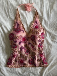 Image 1 of Vintage Y2K Aftershock silk baby pink sequin and beaded halter neck corset style top 