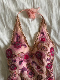 Image 2 of Vintage Y2K Aftershock silk baby pink sequin and beaded halter neck corset style top 