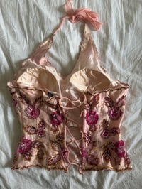 Image 3 of Vintage Y2K Aftershock silk baby pink sequin and beaded halter neck corset style top 