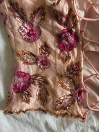 Image 8 of Vintage Y2K Aftershock silk baby pink sequin and beaded halter neck corset style top 