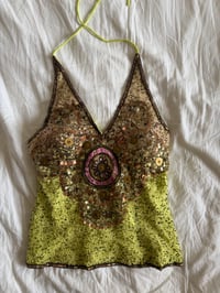 Image 1 of Vintage Y2K Aftershock silk lime green sequin and beaded halter neck corset style top 