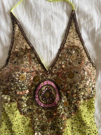 Image 2 of Vintage Y2K Aftershock silk lime green sequin and beaded halter neck corset style top 