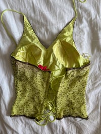 Image 3 of Vintage Y2K Aftershock silk lime green sequin and beaded halter neck corset style top 