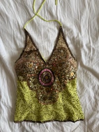 Image 8 of Vintage Y2K Aftershock silk lime green sequin and beaded halter neck corset style top 